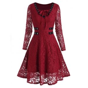 

Lace-up Grommet V Neck Lace Dress, Red