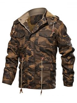 Camouflage Print Toggle Drawstring PU Leather Cargo Jacket - COFFEE - M