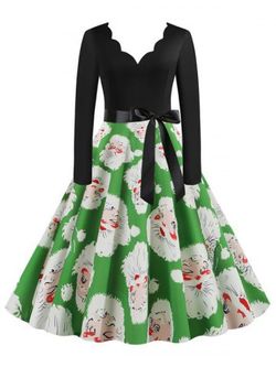 Belted Saclloped Santa Claus Christmas Plus Size 50s Dress - GREEN - XL