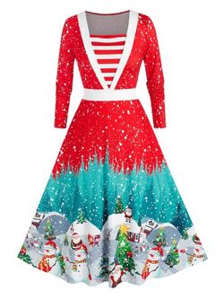 Plus Size Christmas Snowflake Snowman A Line Midi Dress - RED - 1X