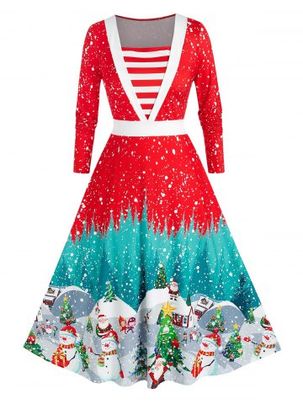 Plus Size Christmas Snowflake Snowman A Line Midi Dress