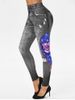 3D Ripped Print Rose Planet Galaxy Skinny Jeggings -  