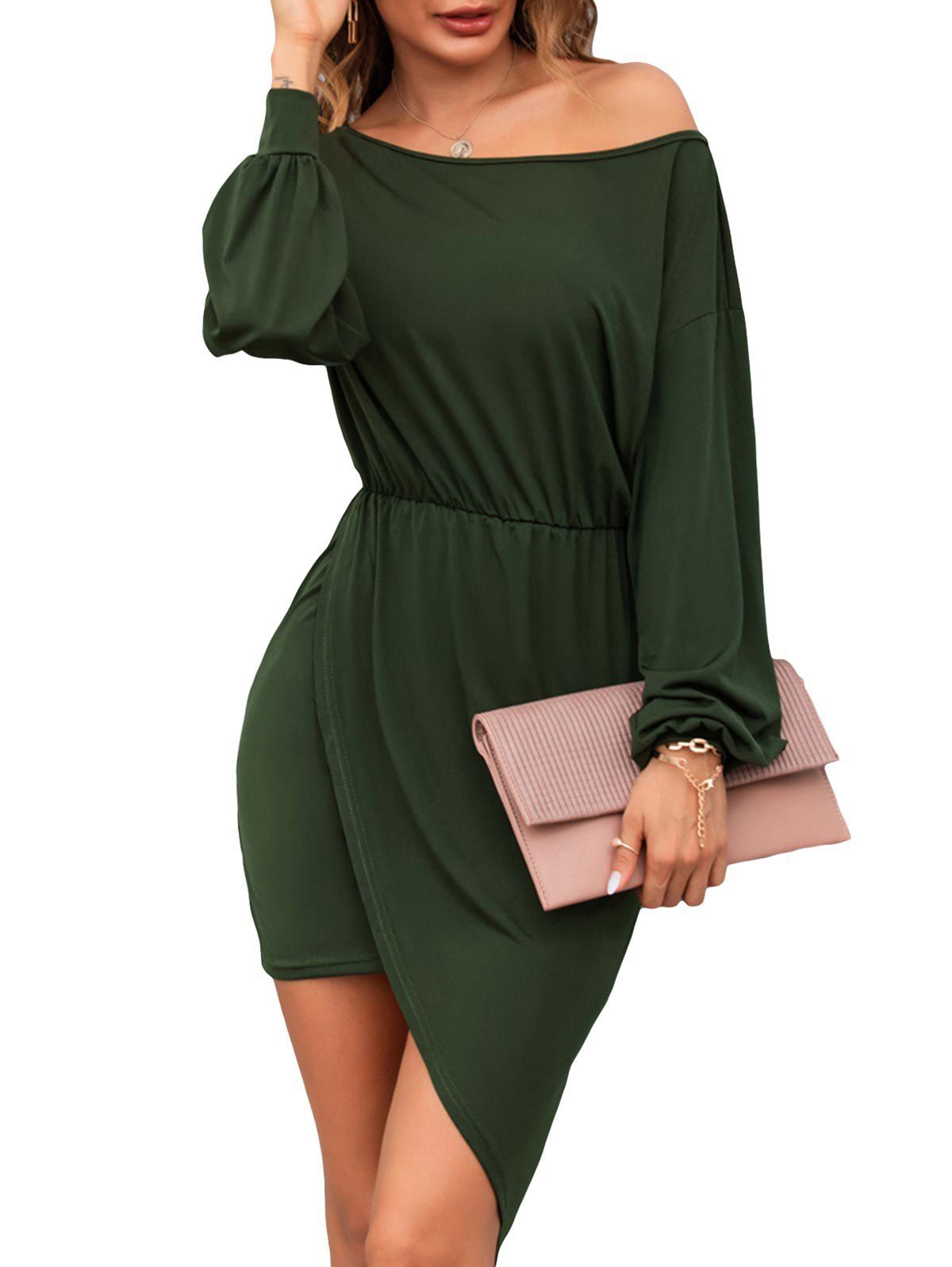

Skew Collar Asymmetrical Long Sleeve Dress, Deep green
