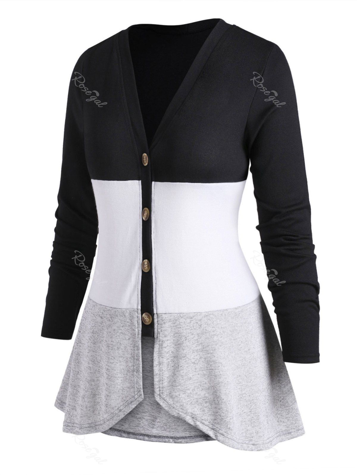 

V Neck Button Up Colorblock Plus Size Cardigan, Black