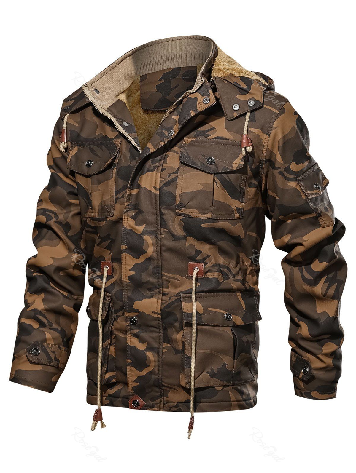 

Camouflage Print Toggle Drawstring PU Leather Cargo Jacket, Coffee
