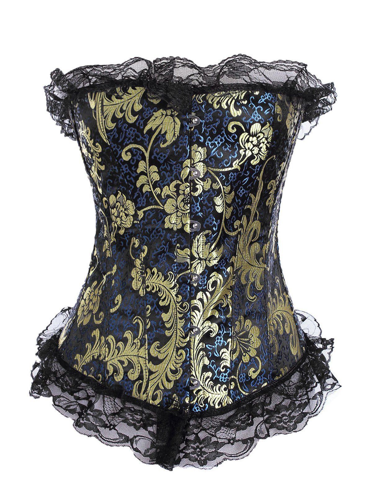 

Lace Trim Lace-up Boned Brocade Corset, Deep blue