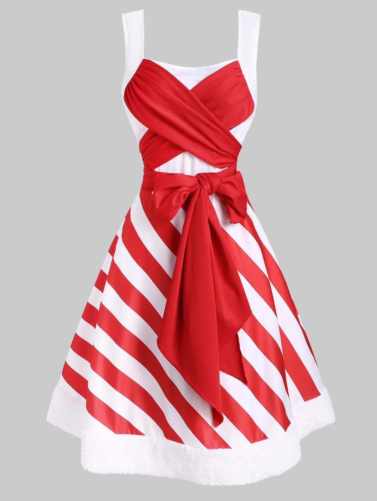 

Christmas Striped Faux Fur Panel Bowknot Dress, Red