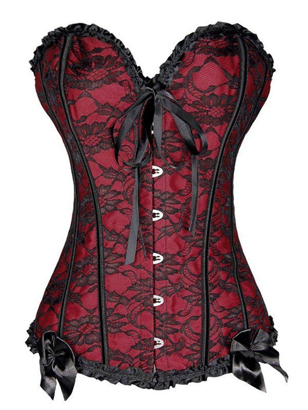

Frilled Bowknot Overbust Lace-up Boned Lace Overlay Corset, Deep red