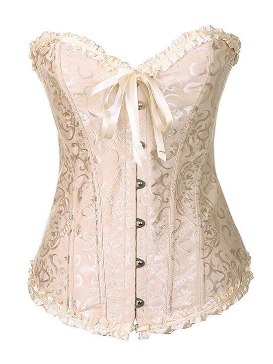 

Overbust Lace-up Frilled Boned Brocade Corset, Light yellow