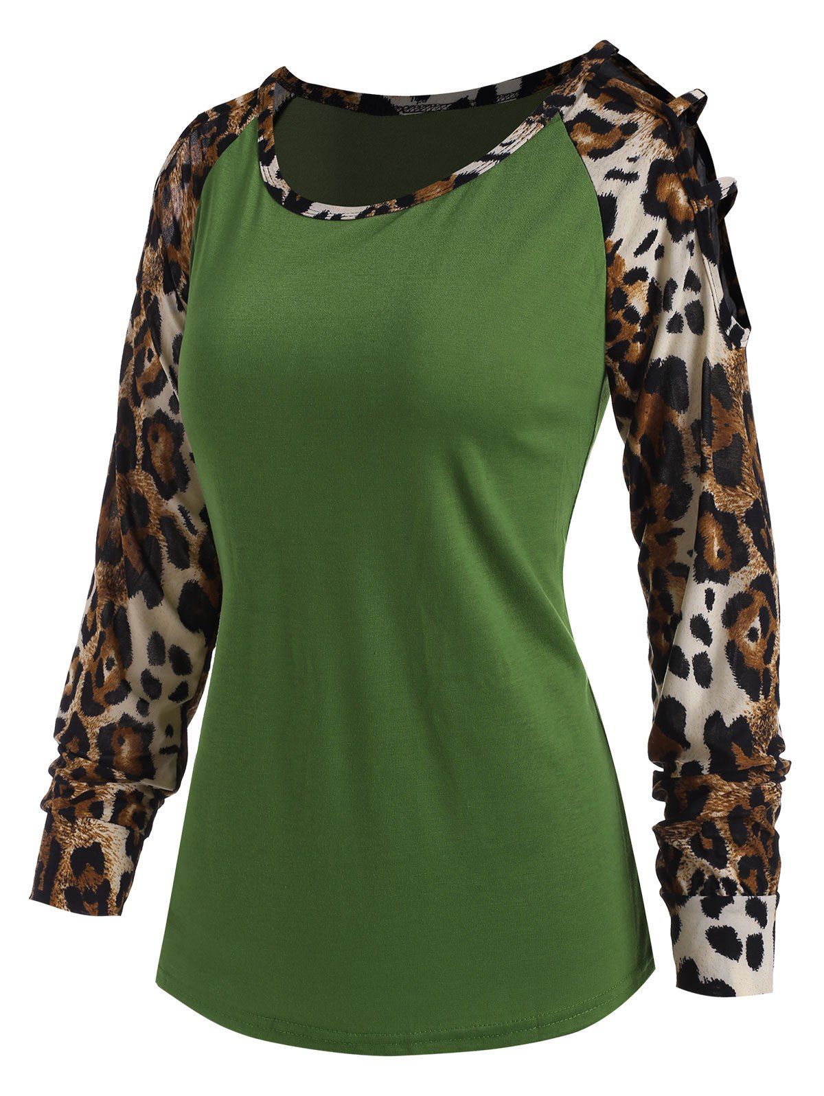 

Leopard Panel Raglan Sleeve Cold Shoulder T Shirt, Green