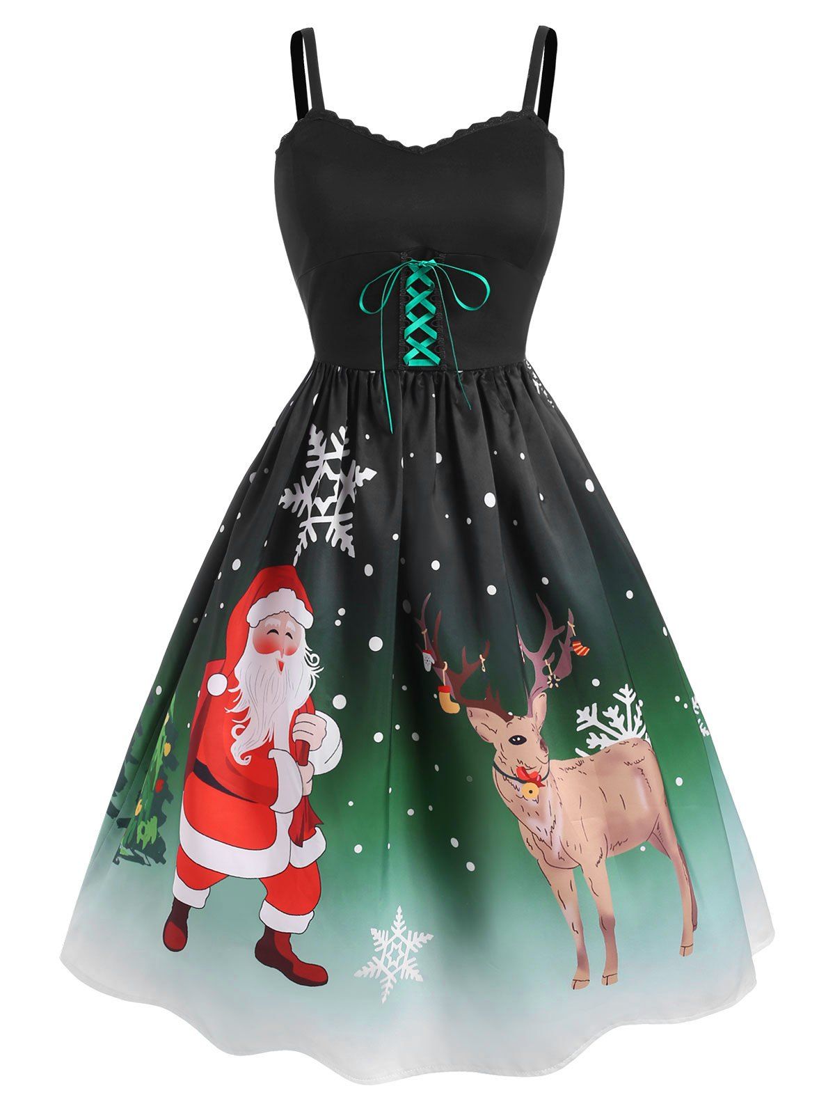 Store Christmas Santa Claus Cat Print Lace-up Lace Panel Dress  