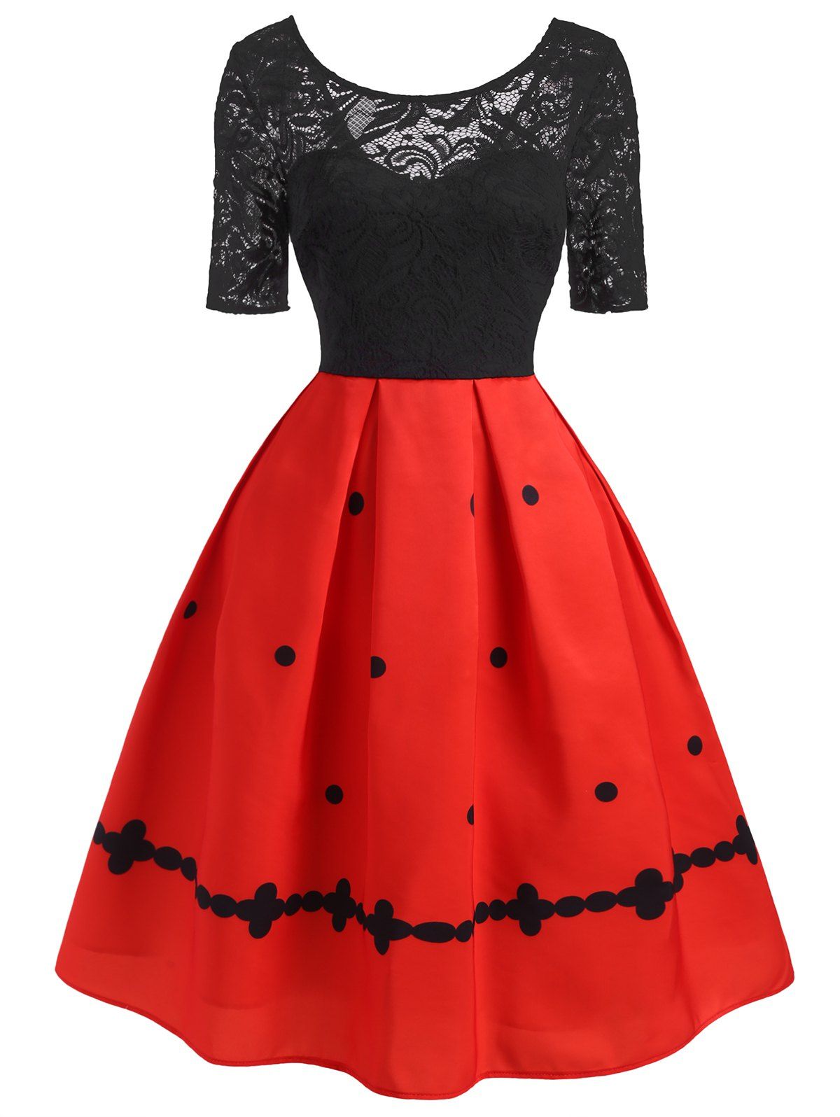 

Lace Insert Polka Dot High Waisted Dress, Red