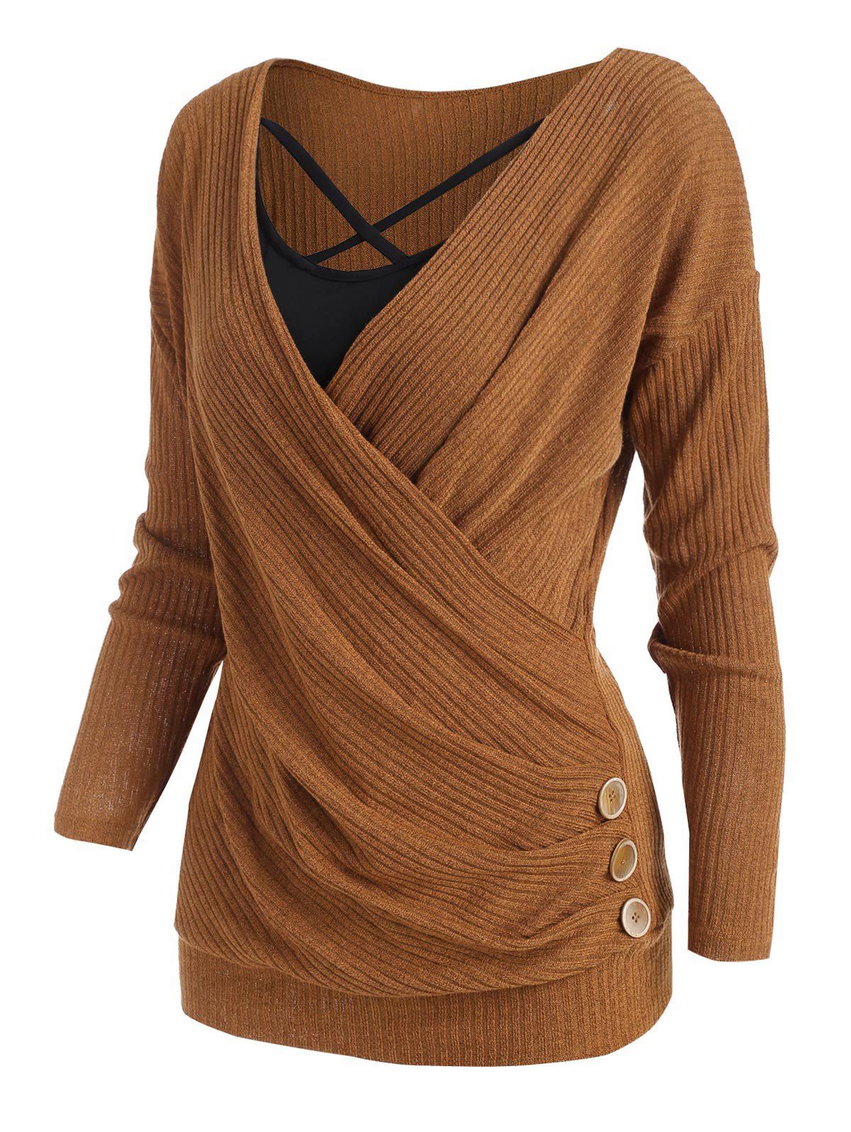 

Plunging Mock Button Surplice Sweater with Crisscross Camisole, Golden