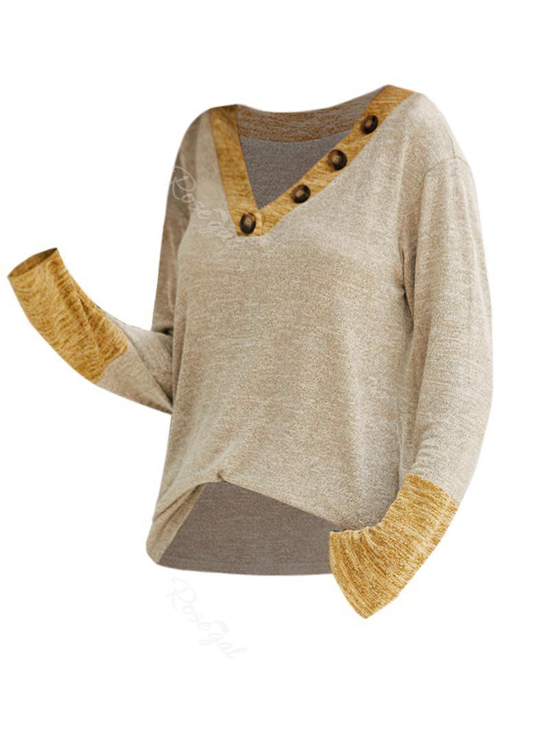 

Contrast Heathered Buttoned V Neck Knitwear, Deep yellow