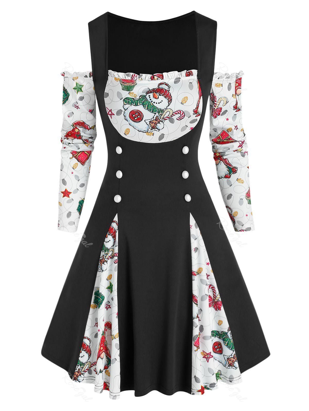 

Christmas Santa Claus Snowman Gift Print Twofer Dress, Black