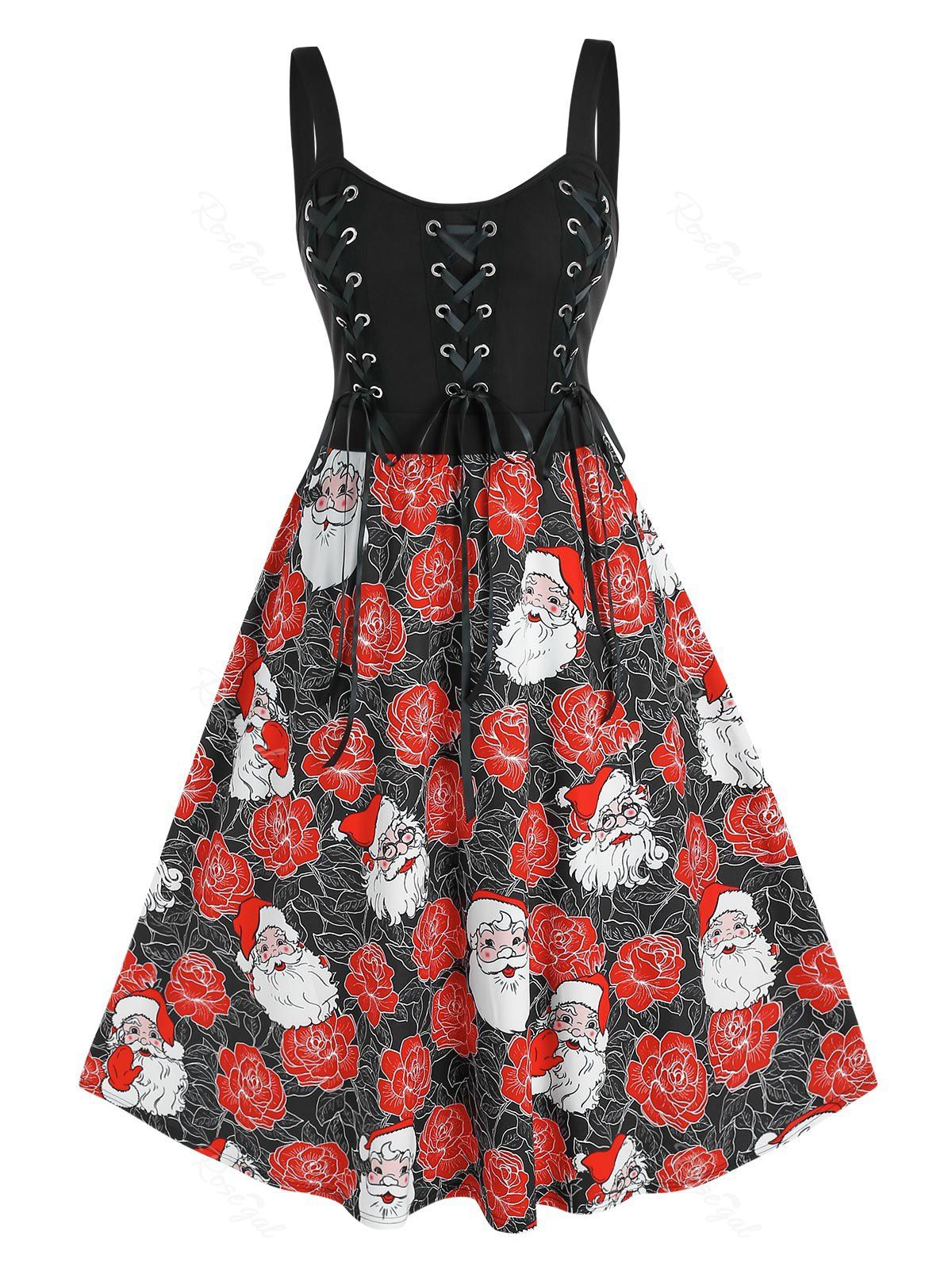 

Plus Size Christmas Claus Flower Lace-up A Line Backless Dress, Black