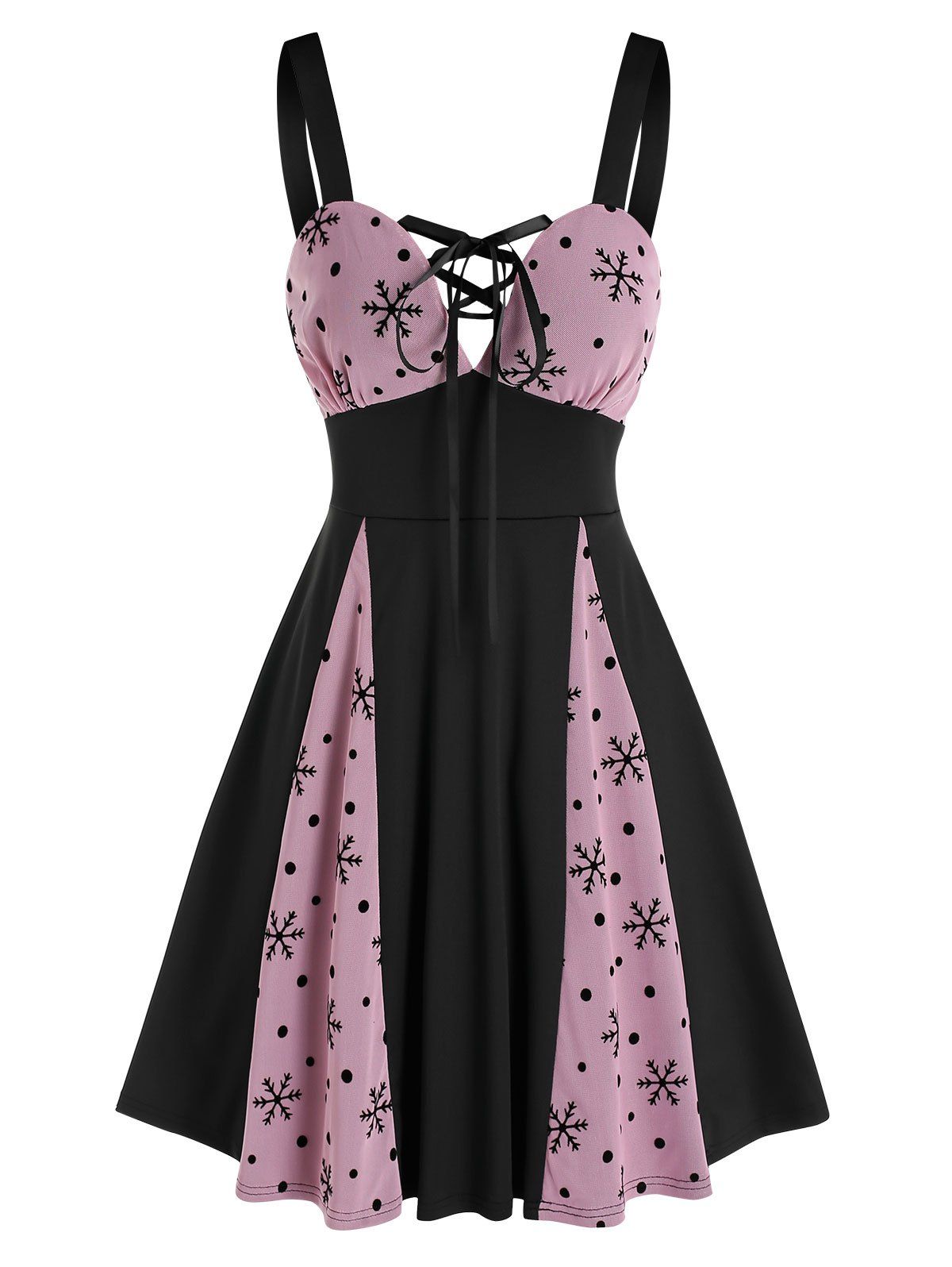 

Christmas Snowflake Pattern Mesh Panel Sleeveless Lace-up Dress, Multi a