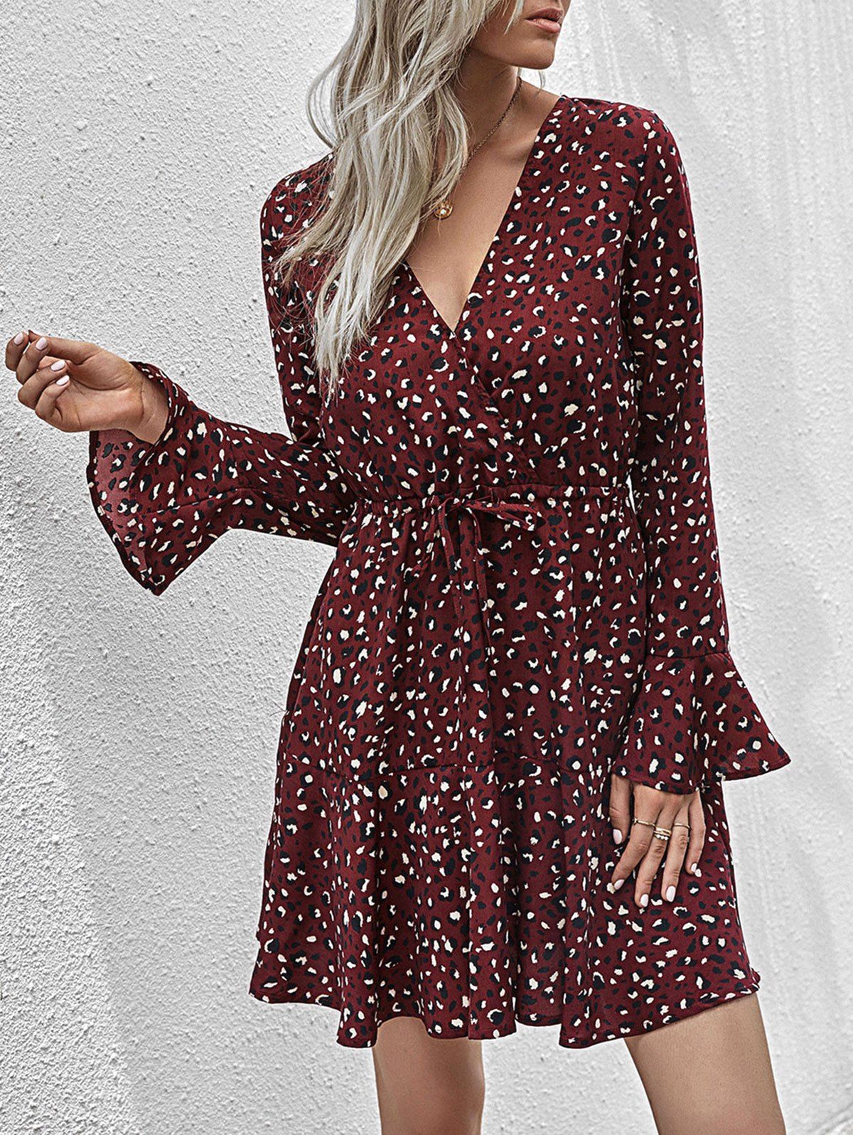 

Drawstring Waist Leopard Long Sleeve Mini Dress, Deep red