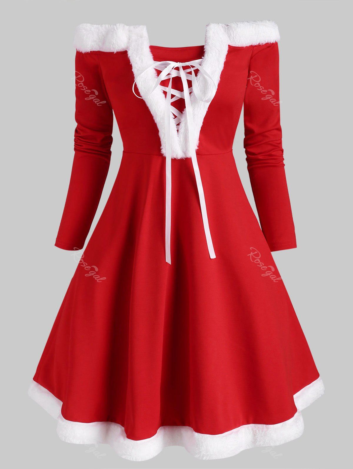 

Christmas Off Shoulder Faux Fur Insert Lace Up Dress, Red