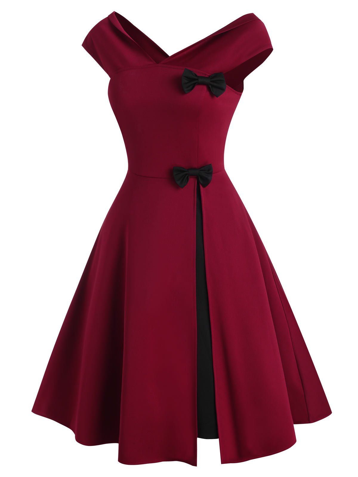 

V Neck Bowknot Colorblock Party Dress, Red