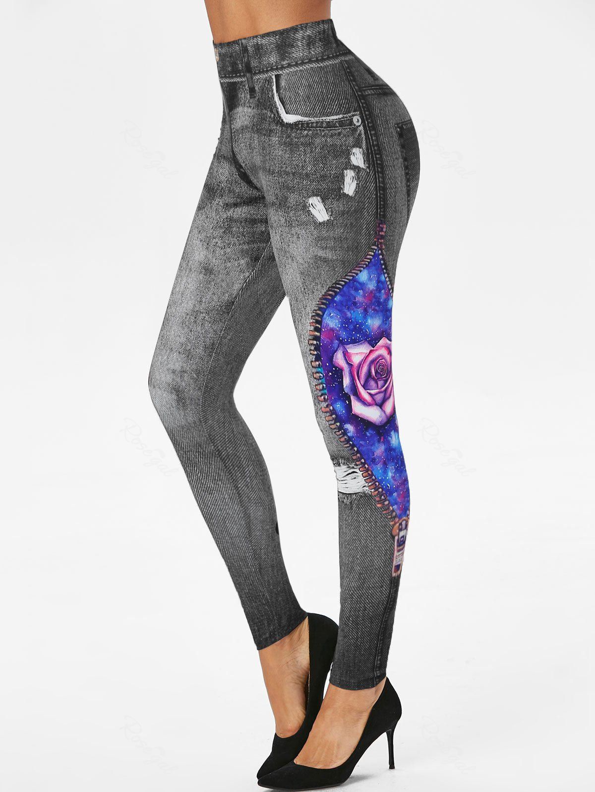 Chic 3D Ripped Print Rose Planet Galaxy Skinny Jeggings  