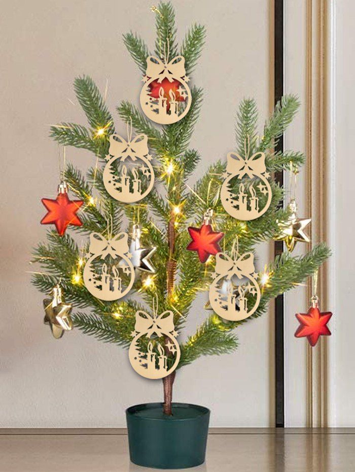 

10 Pcs Christmas Tree Ball Pattern Wooden Hanging Decorations, Burlywood