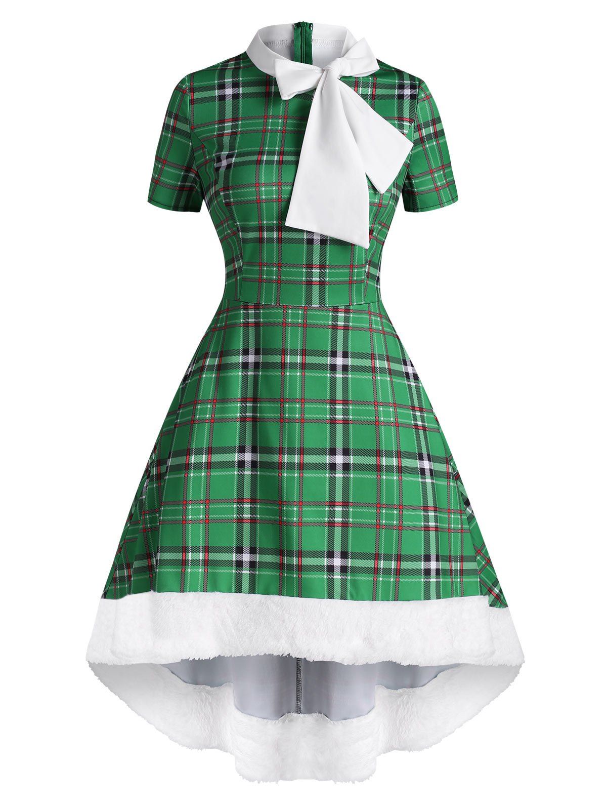 

Christmas Faux Fur Insert Plaid Pussybow Dip Hem Dress, Green