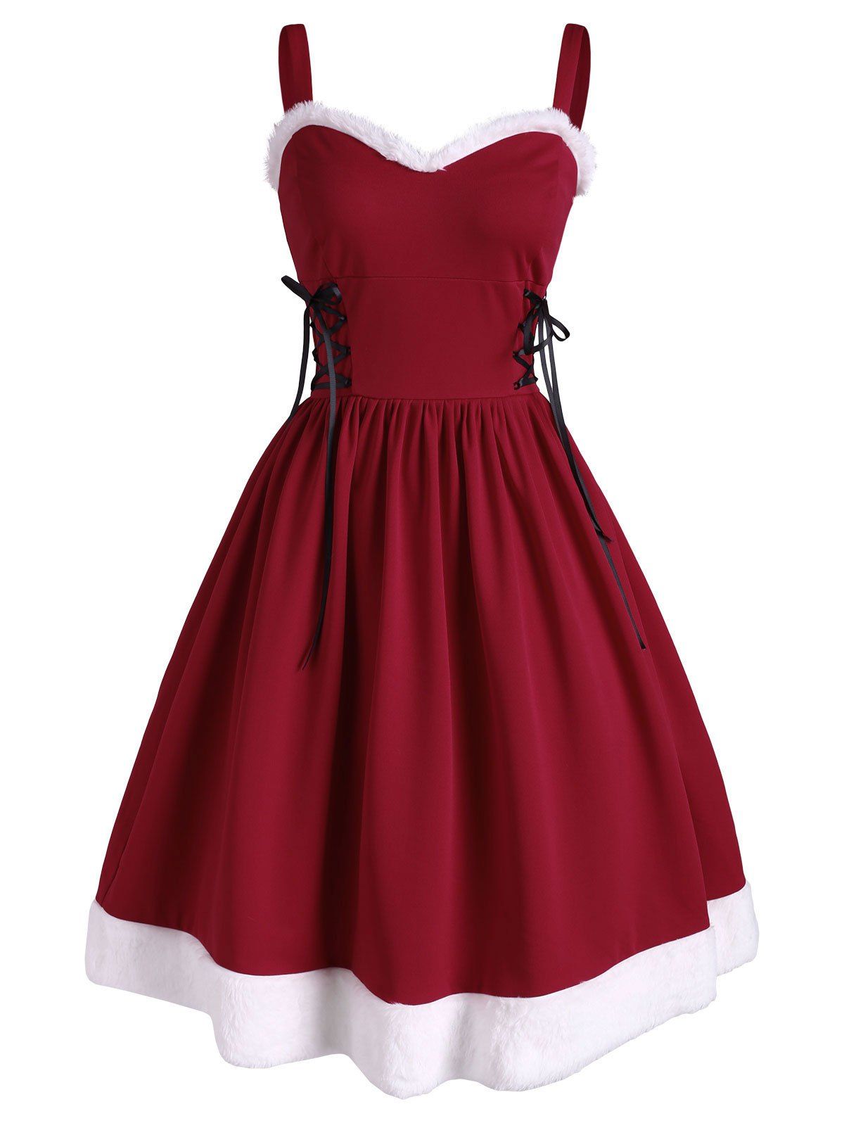 

Christmas Faux Fur Panel Lace Up Sweetheart Dress, Red