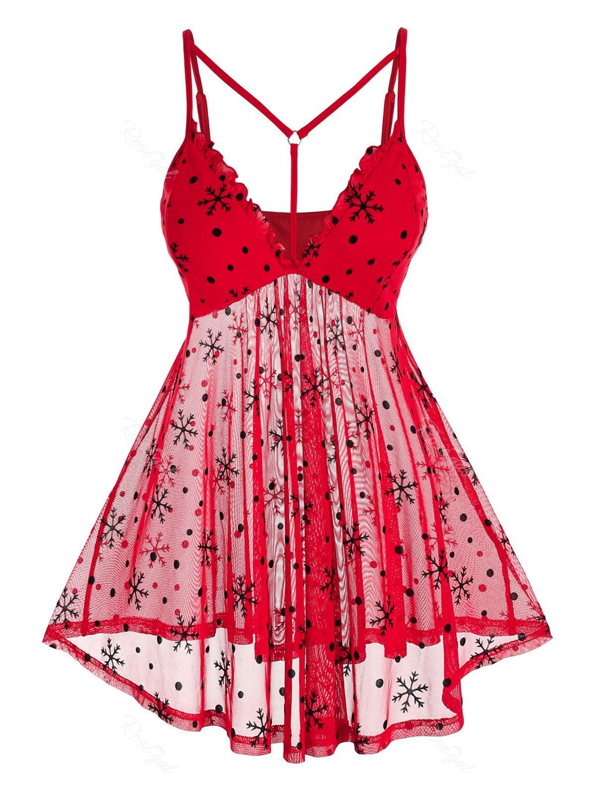 

Plus Size Mesh Christmas Snowflake Sexy Lingerie Babydoll Set, Red