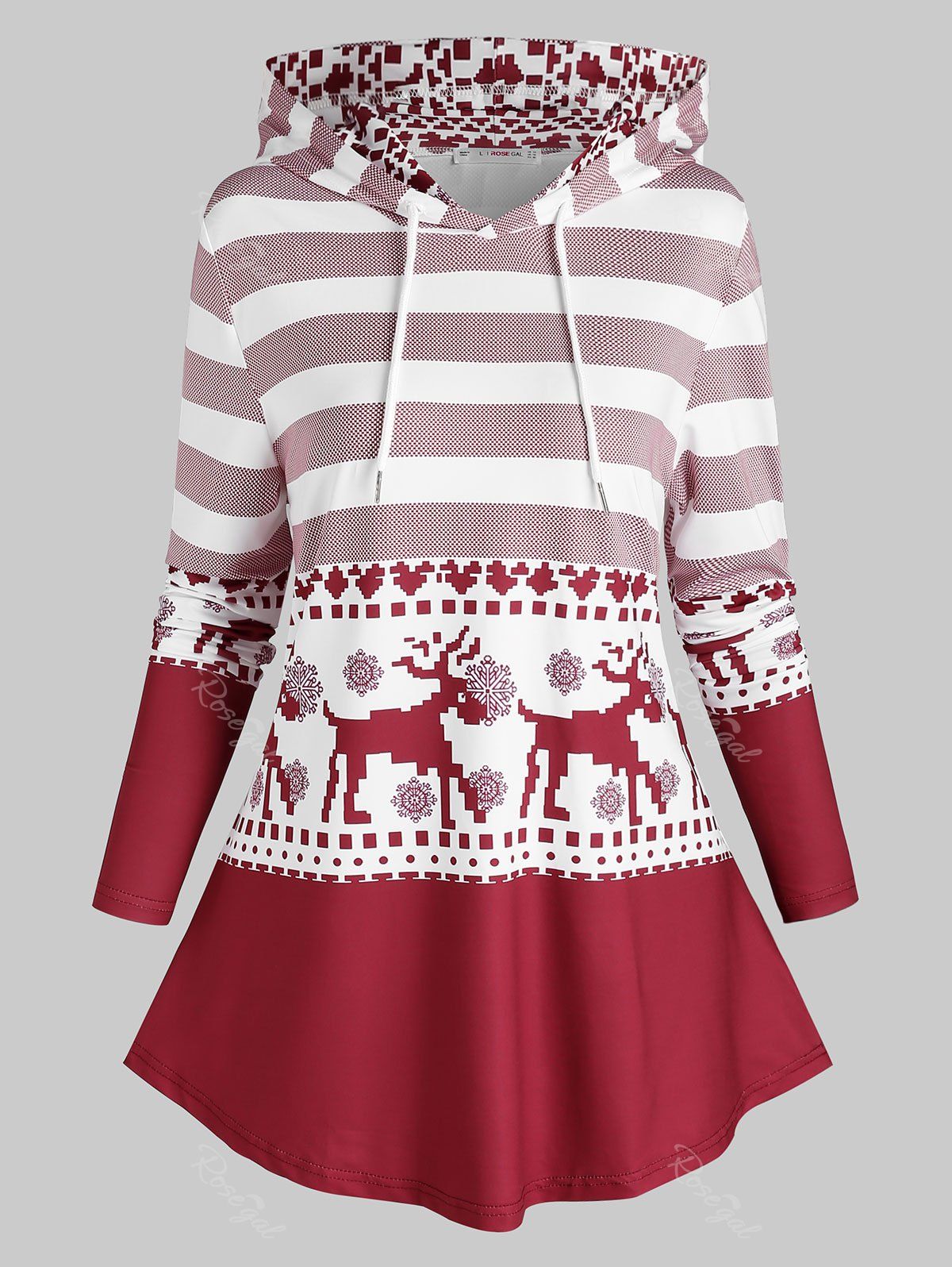 Fashion Plus Size Christmas Elk Striped Snowflake Curved Hem Hoodie  
