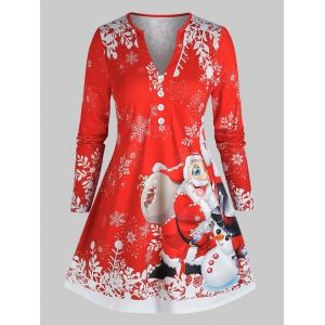 

Plus Size Santa Snowman Print Buttons T Shirt, Red