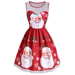 

Christmas Bell Snowflake Santa Claus Lace Insert Dress, Red