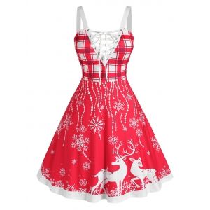 

Plus Size Christmas Elk Snowflake Lace-up Backless Dress, Red