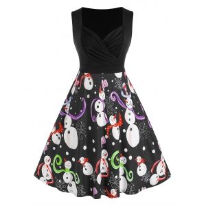 

Plus Size Ruched Snowman Print Flare Dress, Black