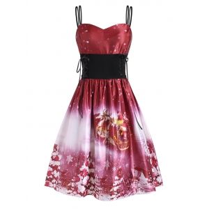 

Christmas Tree Elk Santa Claus Lace Up Dress, Red