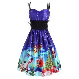 

Christmas Tree Elk Santa Claus Lace Up Dress, Blue