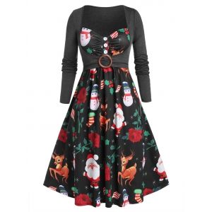 

Plus Size Christmas Claus Elk Snowman Cami Dress with Crop Top Set, Black