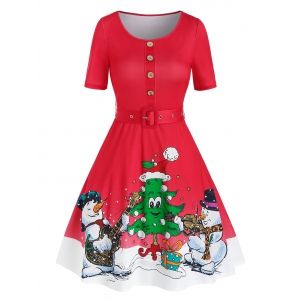 

Christmas Vintage Tree Snowman Print Dress, Red