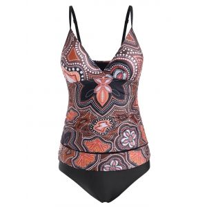 

Contrast Dots Printed Surplice Tankini Swimwear, Deep coffee