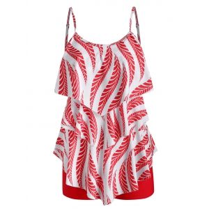 

Polka Dot Feather Print Layered Flounces Tankini Swimwear, Red