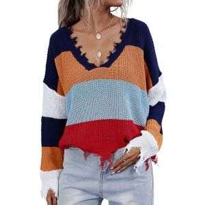 

V Neck Colorblock Distressed Trim Oversized Sweater, Blue