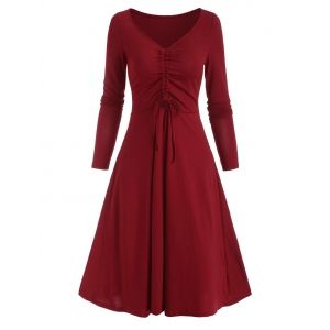 

V Neck Cinched Front A Line Long Sleeve Dress, Deep red