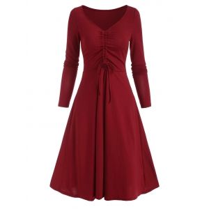 

V Neck Cinched Front A Line Long Sleeve Dress, Deep red