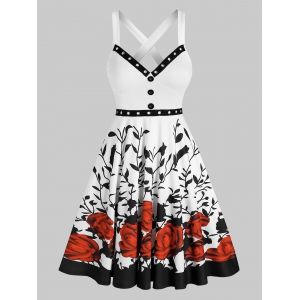 

Sleeveless Mock Button Rose Flower Print Dress, Multi a