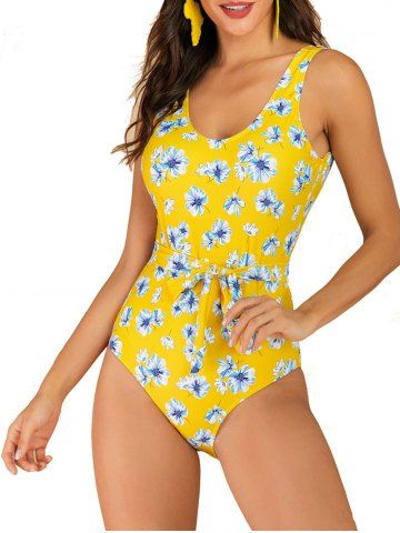 Flower Belted Backless One-piece Swimsuit - YELLOW - M
