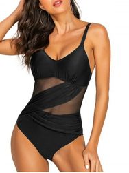 Mesh Insert High Rise Backless One-piece Swimsuit - BLACK