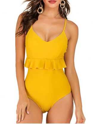 Flounces Cut Out Back Solid One-piece Swimsuit