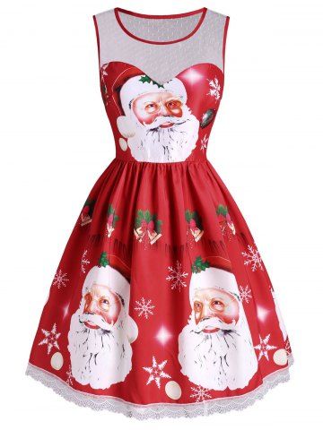 Christmas Bell Snowflake Santa Claus Lace Insert Dress - RED - XL