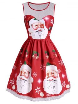 Robe d'Imprimés Père Noël et Flocon de Neige en Dentelle Insérée - RED - 2XL