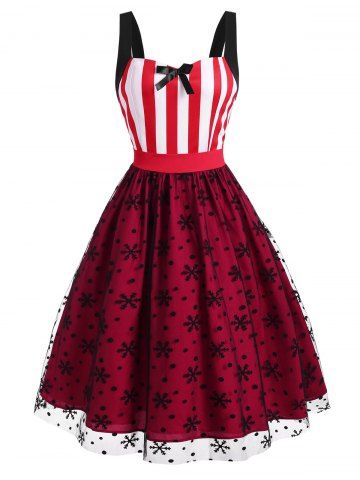 Christmas Snowflake Polka Dot Flocking Lace Bowknot Striped Dress - RED - XXL